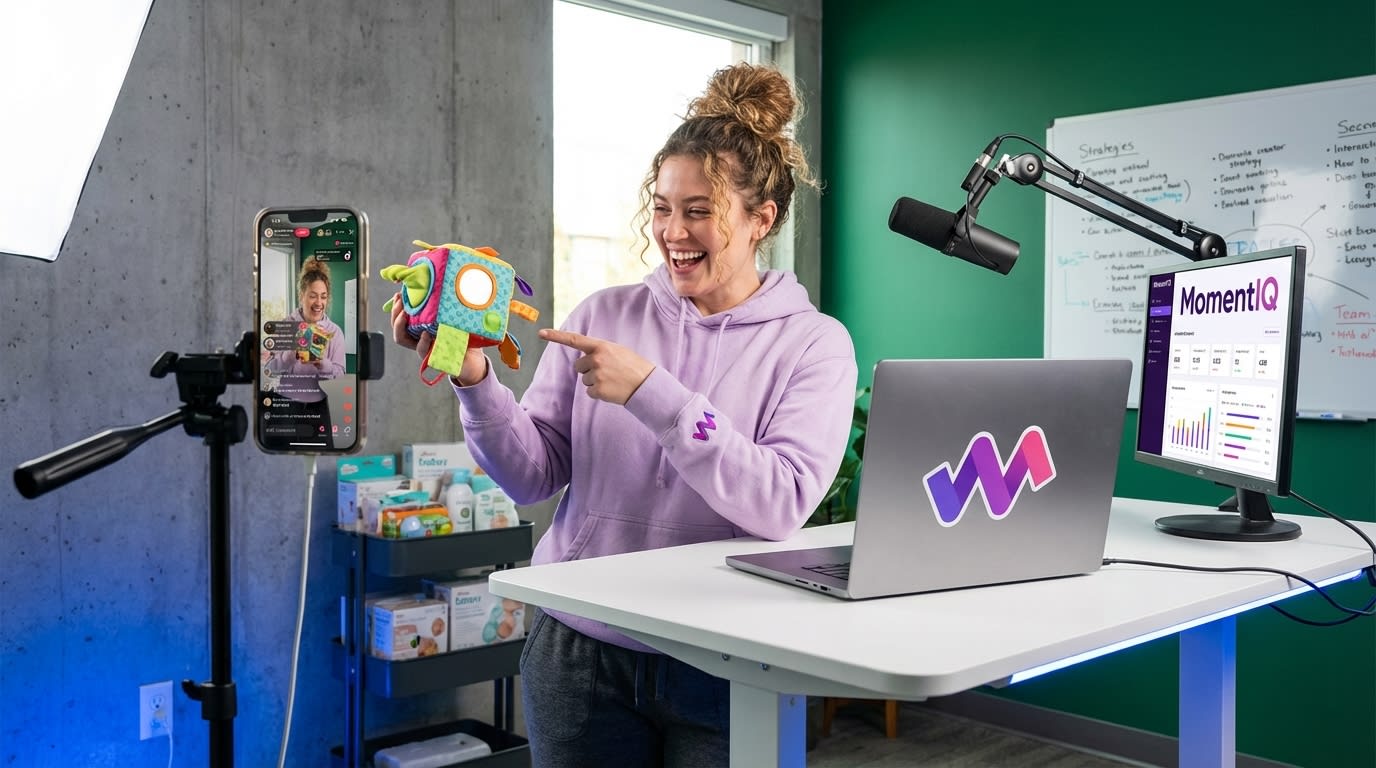 Confident parent creator filming TikTok Shop baby product review in a professional ring-light studio setup with safety certifications visible