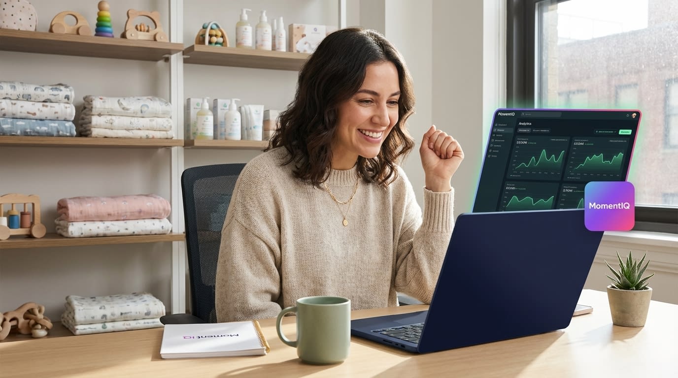 Confident entrepreneur in her office, laptop showing glowing TikTok Shop reviews for her safety-certified baby brand.
