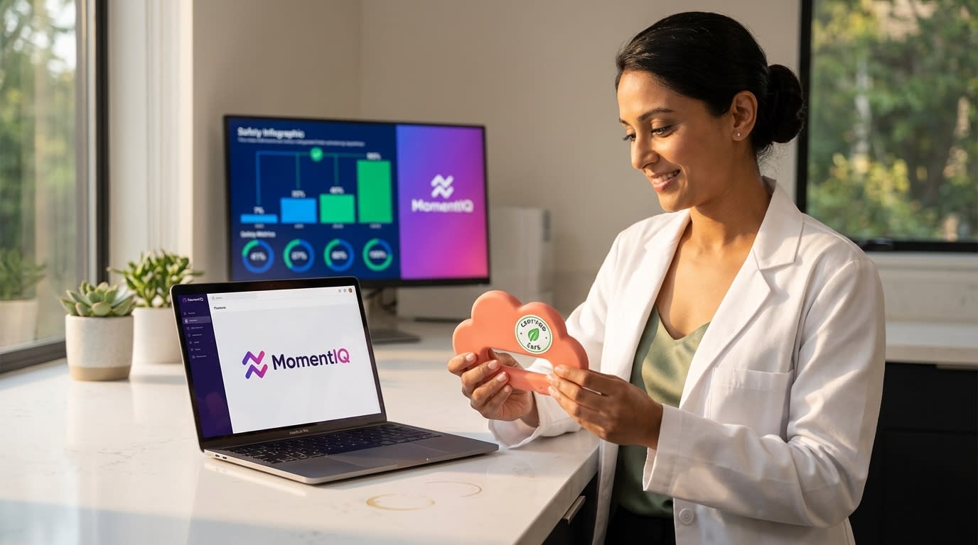 Confident scientist in a lab coat holding a 'Certified Safe' baby product, with a safety certification infographic on screen.