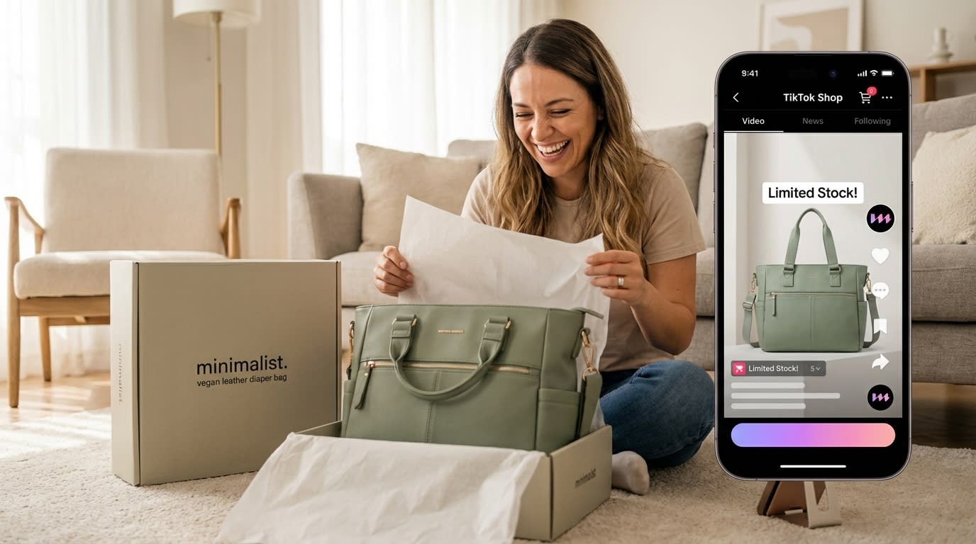 Delighted millennial parent unboxing a baby product, with her phone showing the influencing TikTok Shop video.