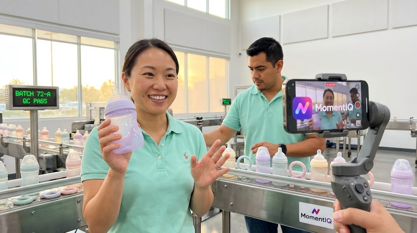 Energetic behind-the-scenes TikTok Shop baby brand factory tour being filmed with colorful products on a clean production line