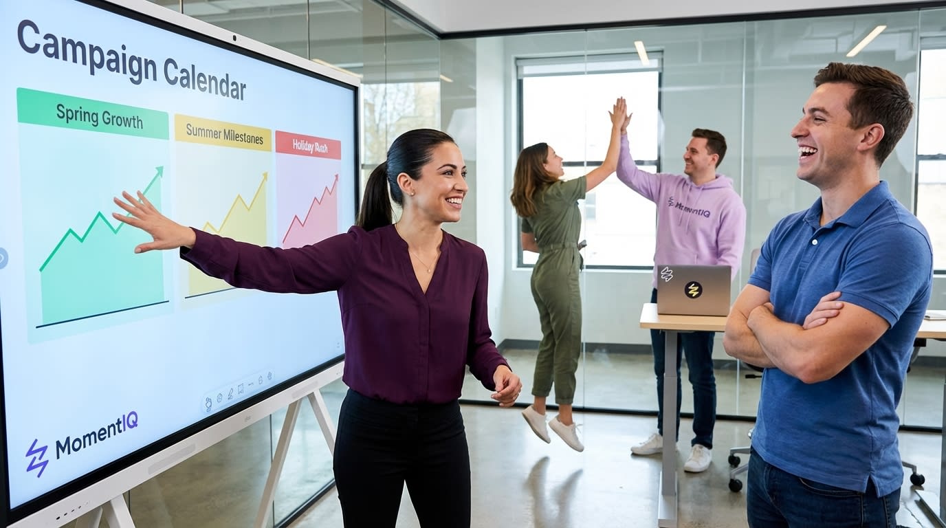 Energetic marketing team reviewing a dynamic, color-coded TikTok Shop campaign calendar with seasonal sales projections.