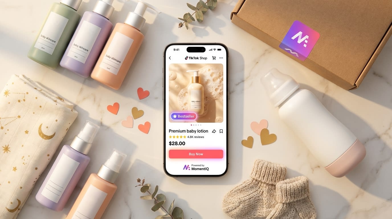 Flat lay of trending baby products arranged around a phone showing TikTok Shop bestseller listing with five-star reviews