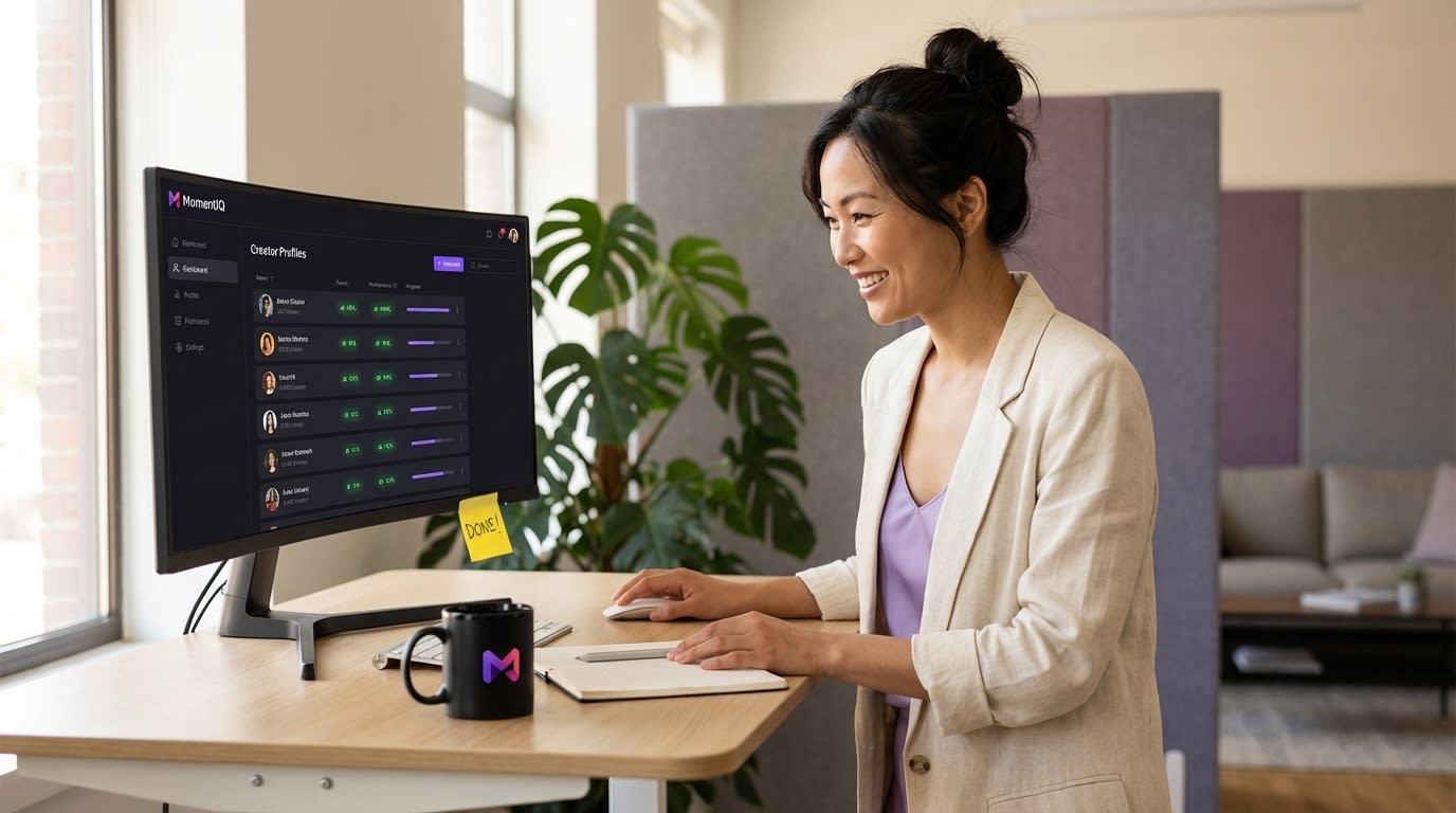 Operations manager confidently viewing a creator management platform showing hundreds of active parent creators and green performance metrics.
