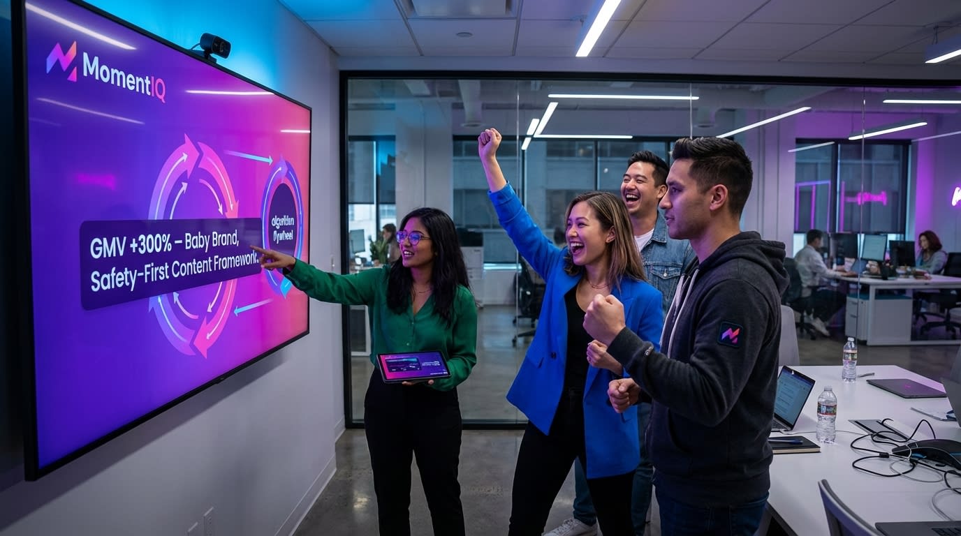 MomentIQ strategists celebrating a vibrant 'algorithm flywheel' diagram on a screen, showing continuous TikTok Shop growth and 'GMV +300%'.