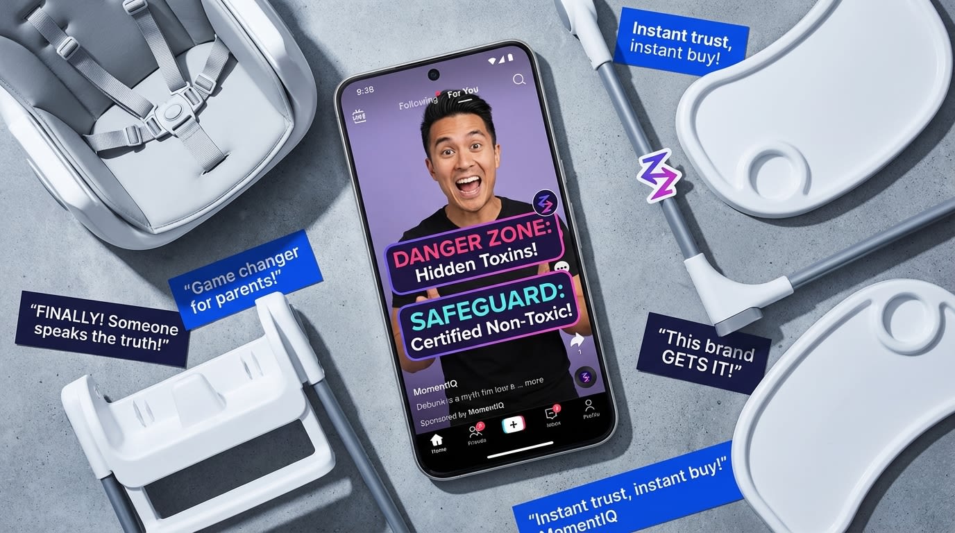 Phone displaying a lively TikTok 'Myth vs. Fact' video about baby products, surrounded by positive comment cards.