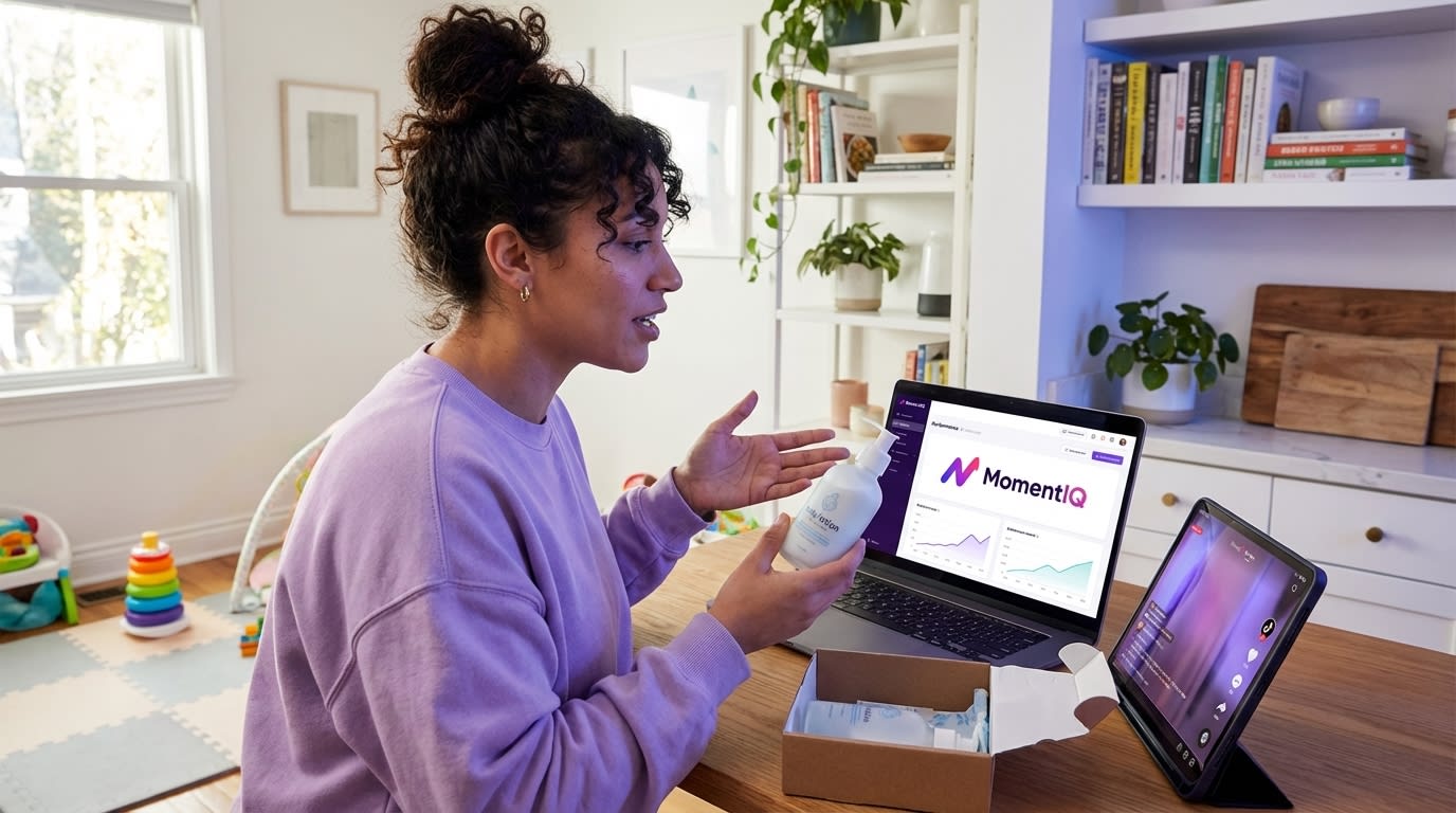 Parent creator joyfully unboxing a TikTok Shop baby brand product seeding package at her home workspace