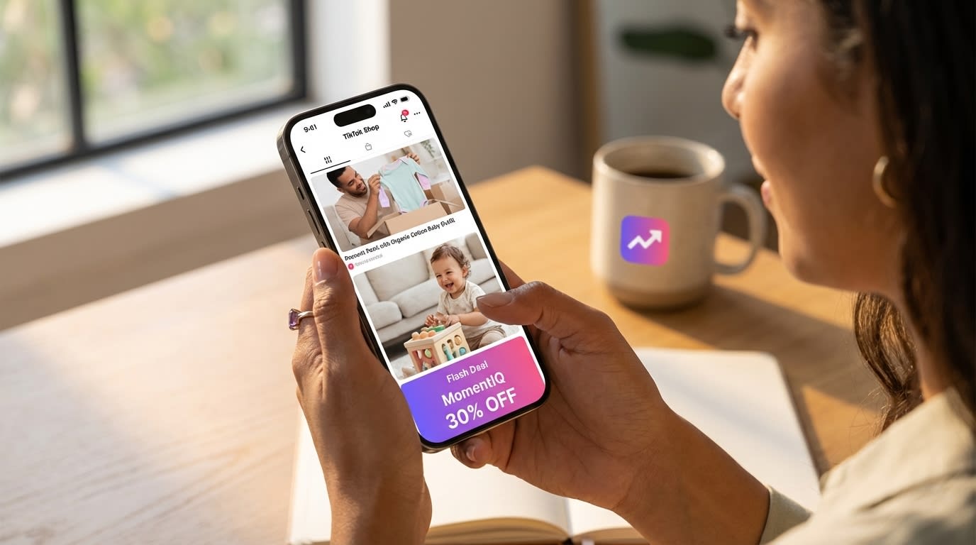 Phone screen displaying an energetic, rapidly scrolling TikTok Shop feed showcasing diverse baby products and happy parents.
