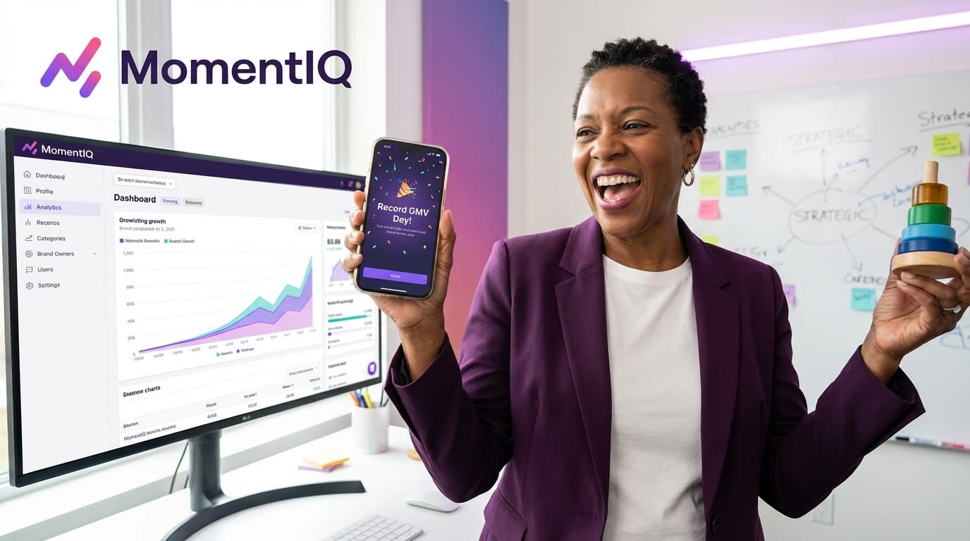 Proud brand owner holding phone displaying a 'Record GMV Day!' notification from TikTok Shop.