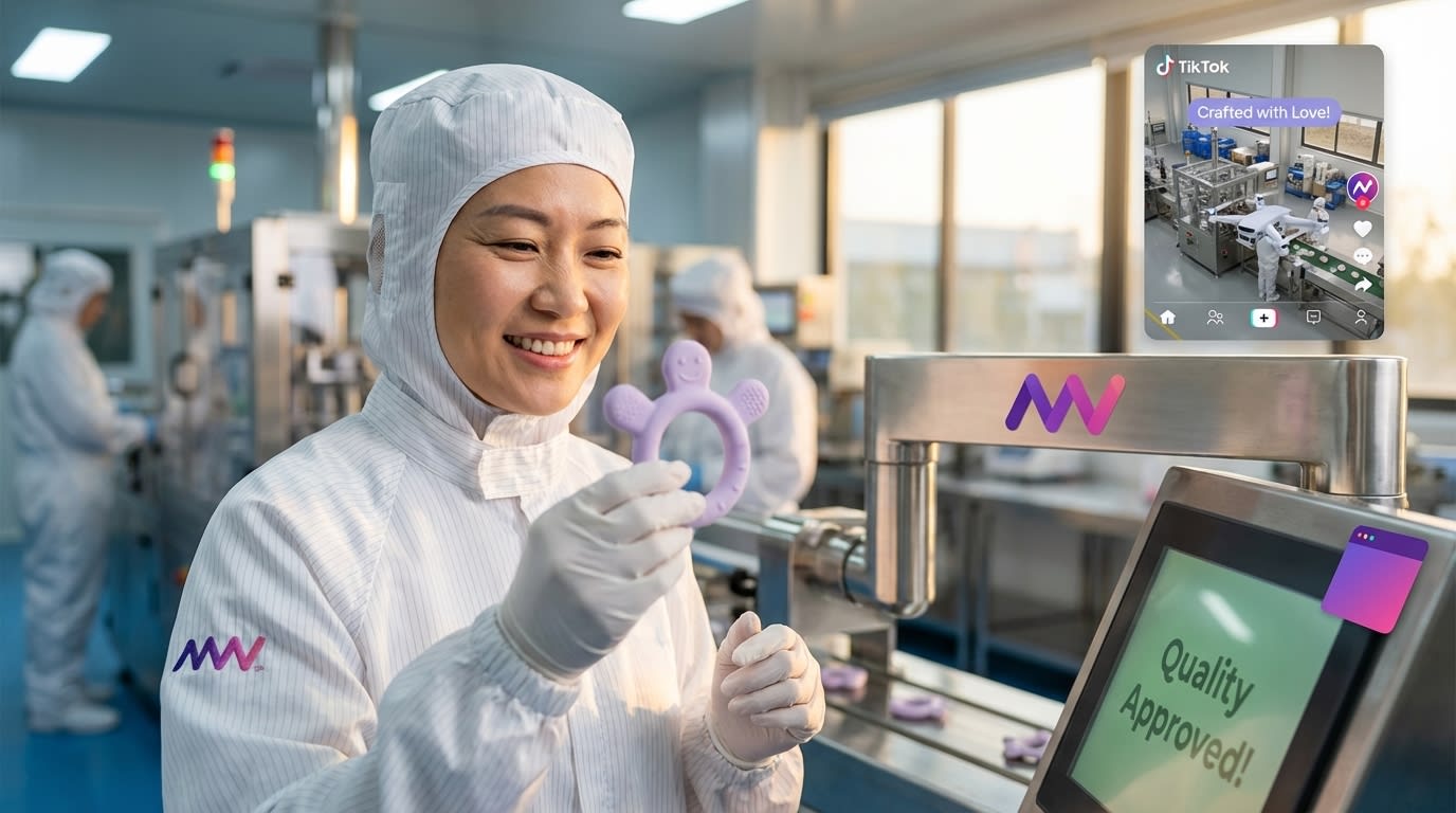 Smiling technician overseeing quality check in a modern baby product manufacturing facility, with an overlaid TikTok behind-the-scenes video.