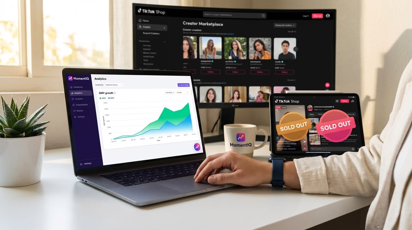 TikTok Shop baby category analytics dashboard showing explosive GMV growth alongside a sold-out live shopping stream