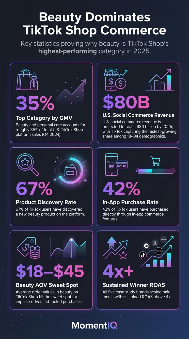 Infographic showcasing six key statistics about beauty brand dominance on TikTok Shop including 35 percent GMV share, 80 billion dollar social commerce projection, and 67 percent product discovery rate