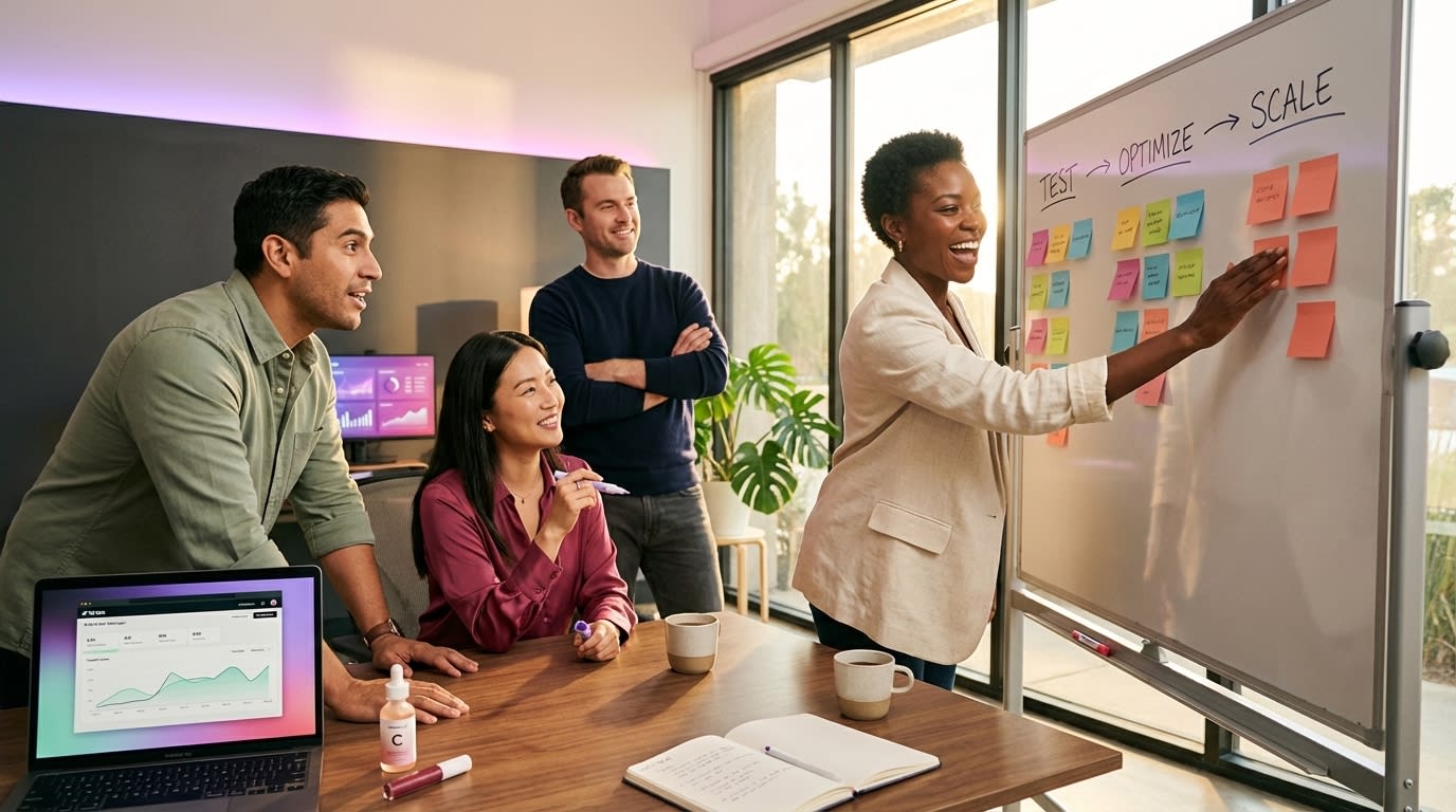 Beauty brand growth team mapping TikTok Shop ad scaling strategy on whiteboard with ROAS targets