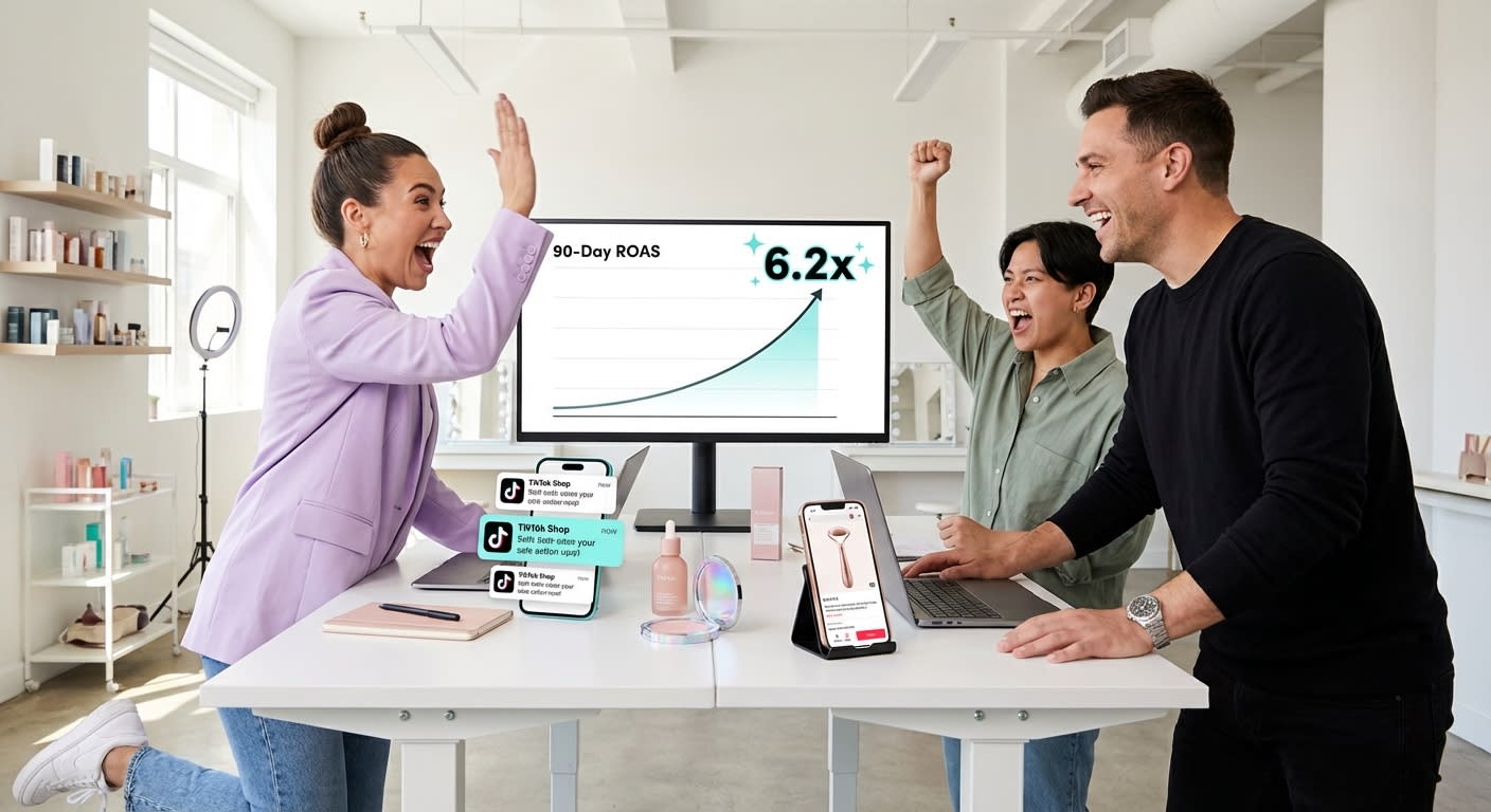 Beauty brand team celebrating 6.2x ROAS milestone with TikTok Shop ad performance chart showing 90-day growth trajectory