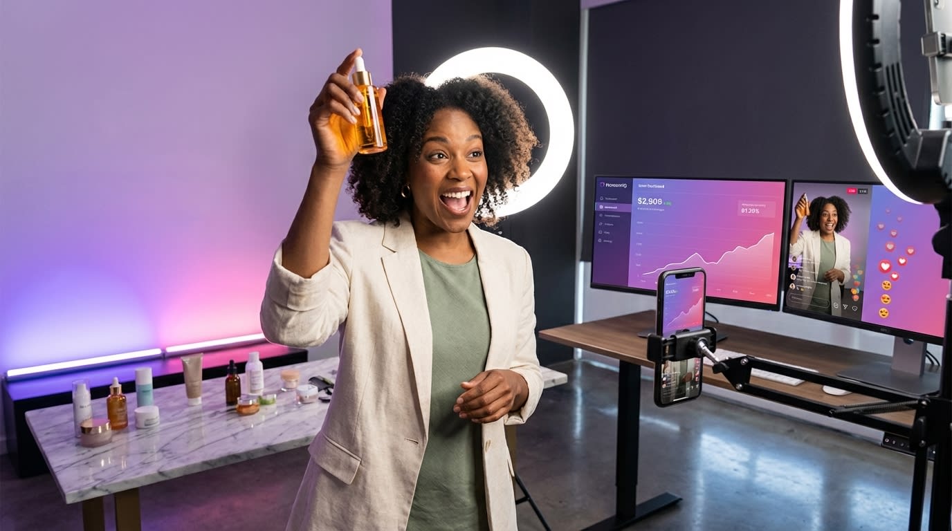 Confident live shopping host presenting skincare product on TikTok Shop with heart emojis and sold notifications