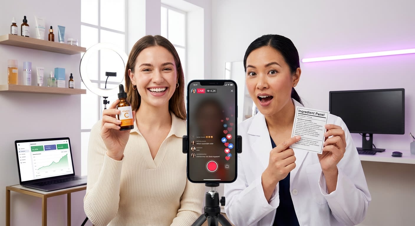 Creator and skincare expert filming a dermatologist reaction TikTok Shop ad in a professional ring light studio setup