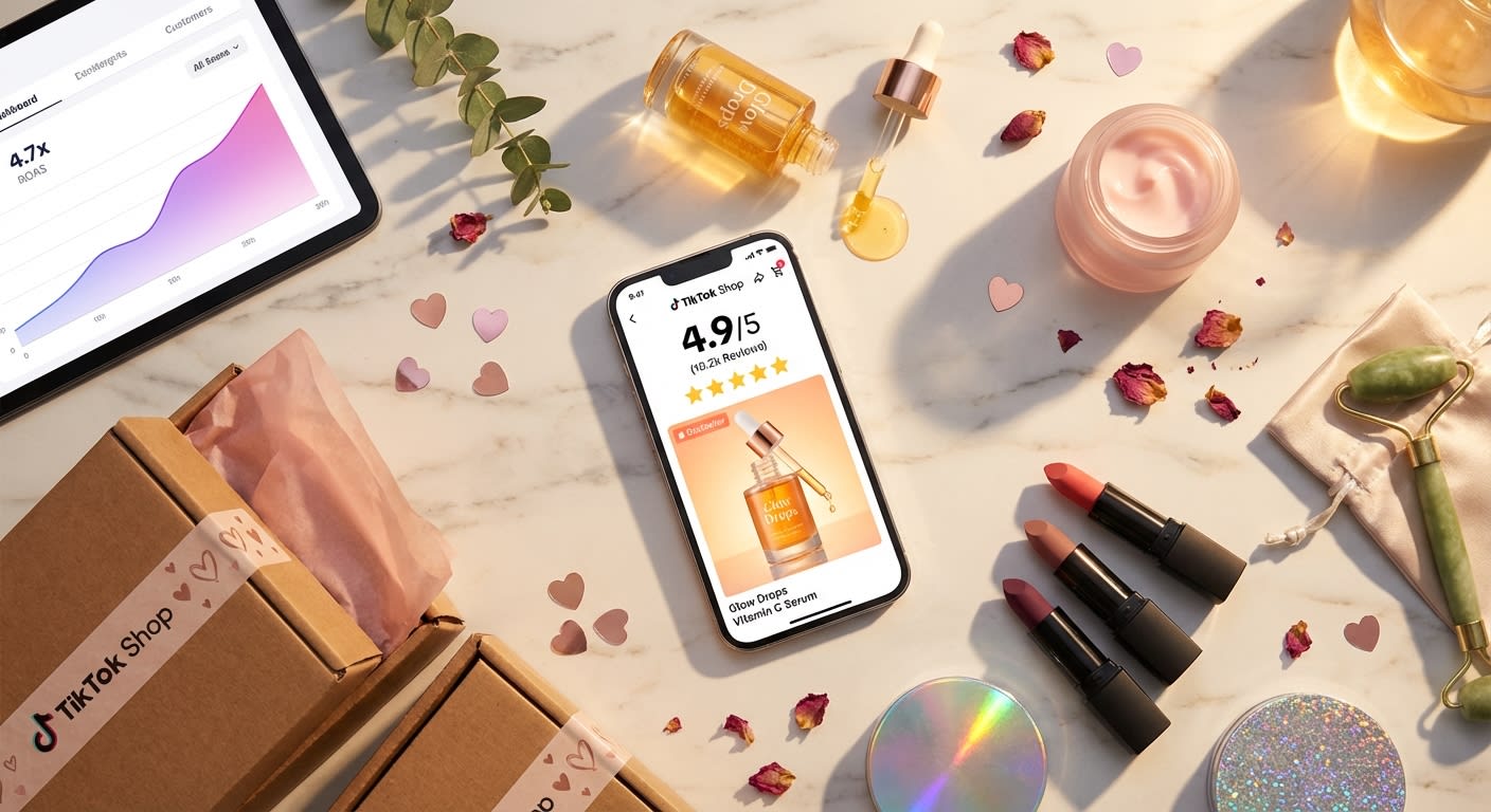 Flat lay of beauty products surrounding a phone showing TikTok Shop bestseller listing with five-star reviews and sales dashboard