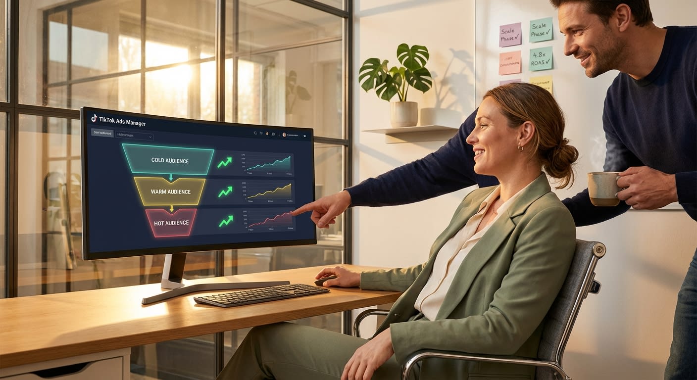 Marketing team celebrating strong TikTok Shop ad ROAS results on a dashboard showing audience targeting funnel performance
