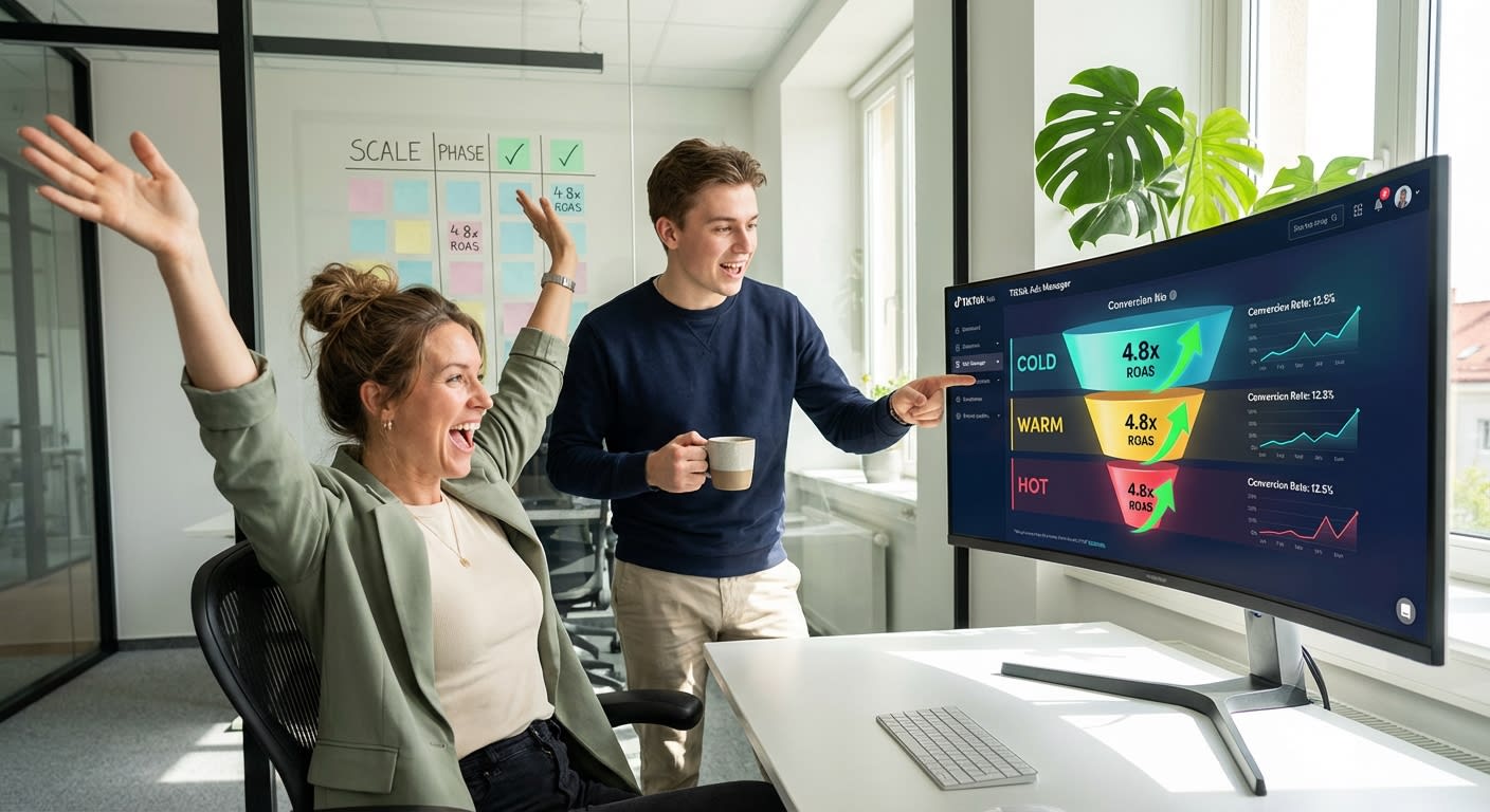 Analytics team celebrating strong TikTok Shop watch-through curve metrics on large dashboard display in modern agency office