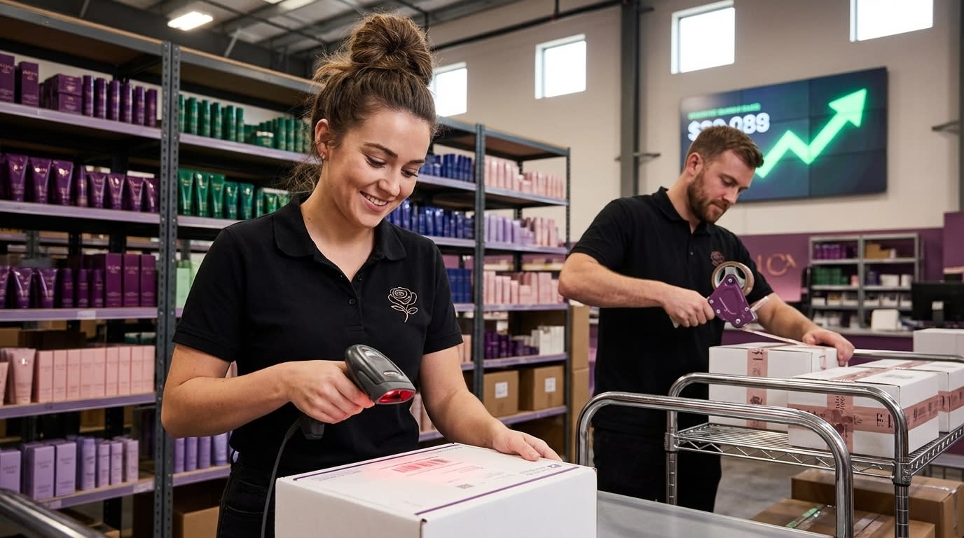 Organized beauty brand fulfillment center shipping TikTok Shop orders with daily order count display