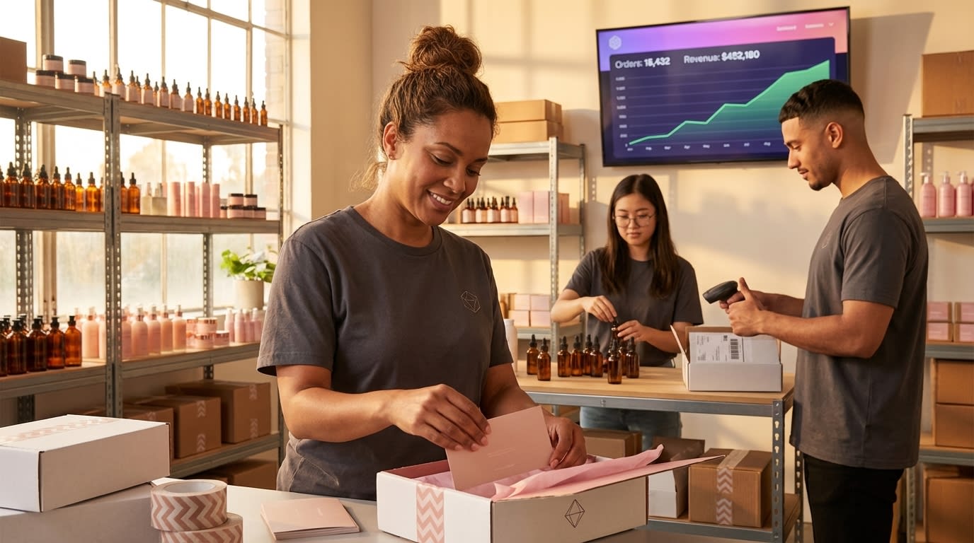 Organized fulfillment warehouse packing TikTok Shop skincare orders with live order counter on display