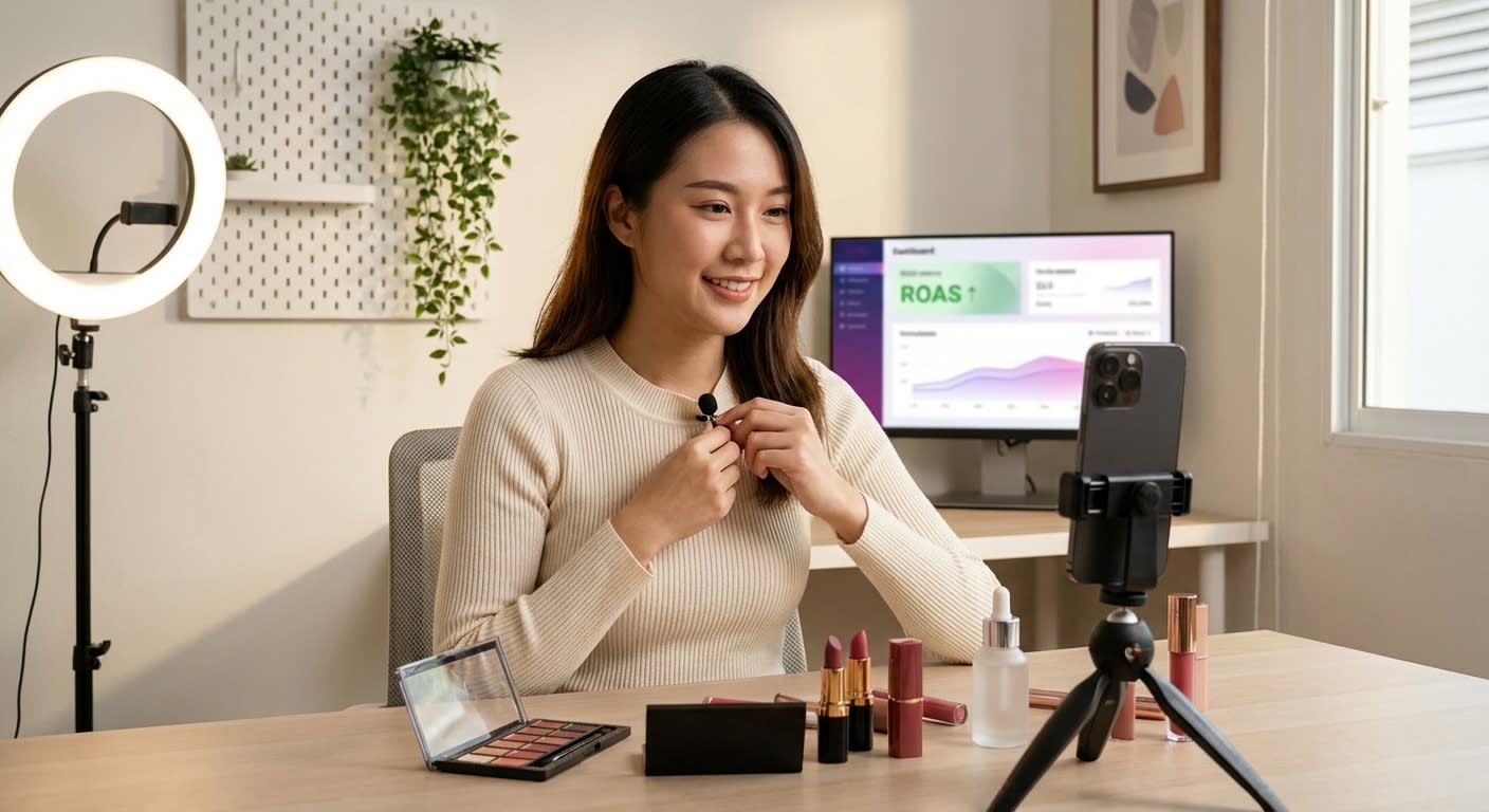 Professional TikTok creator studio setup with ring light phone tripod and products ready for TikTok Shop review filming