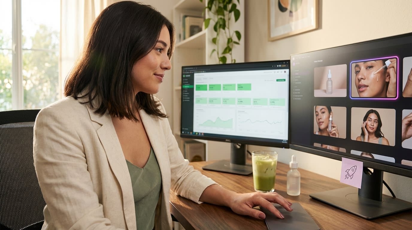 TikTok Shop ad creative optimization dashboard showing top-performing beauty ad variations with ROAS metrics