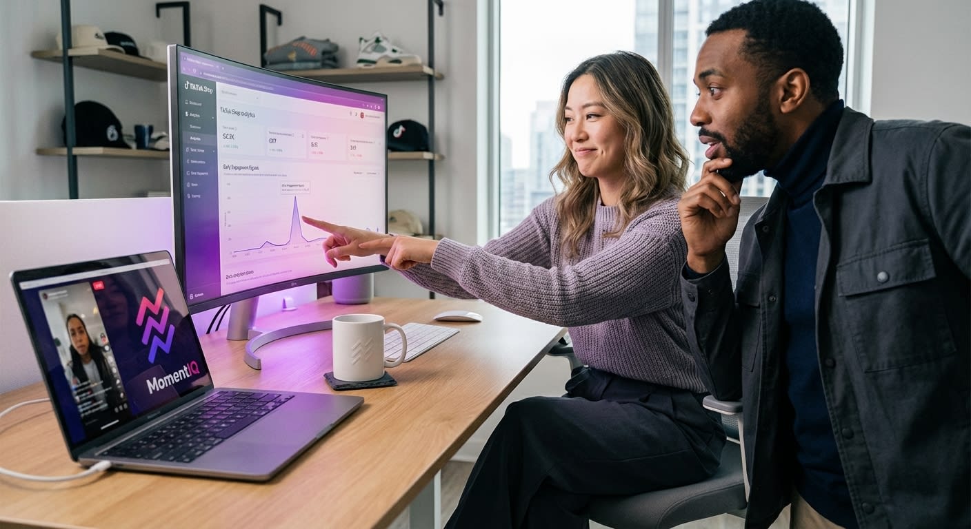 Brand manager pointing at TikTok Shop analytics showing a spike in 'Early Engagement Signals' and 'Algorithm Favorability.'