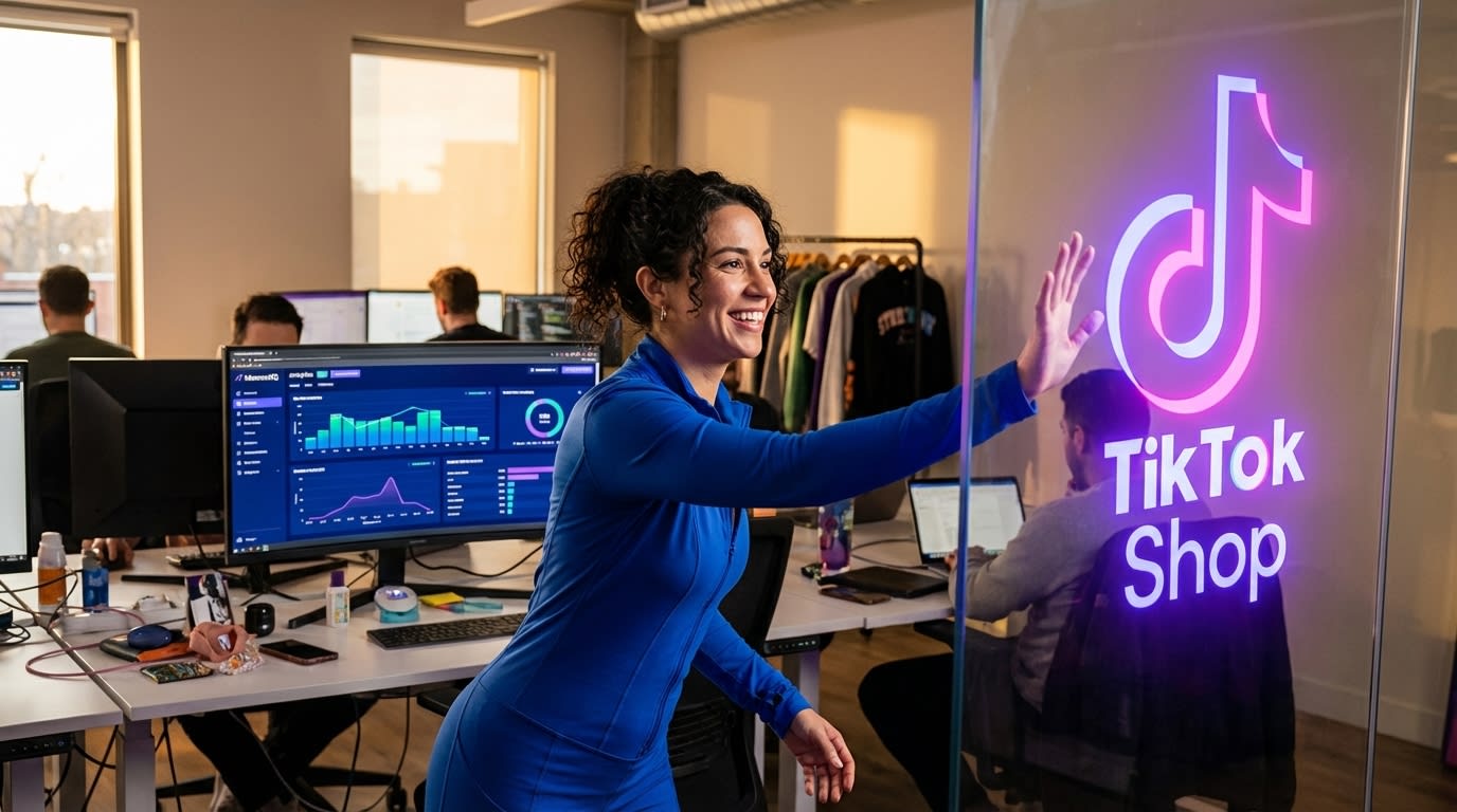 Determined entrepreneur reaching to embrace the glowing TikTok Shop opportunity, symbolizing seizing the moment.