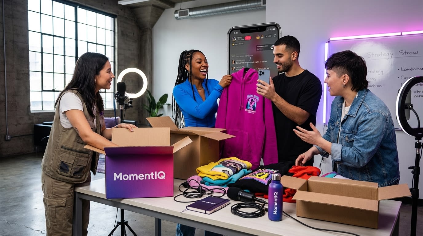 Diverse fashion creators excitedly unboxing a TikTok Shop product seeding package with vibrant new apparel.