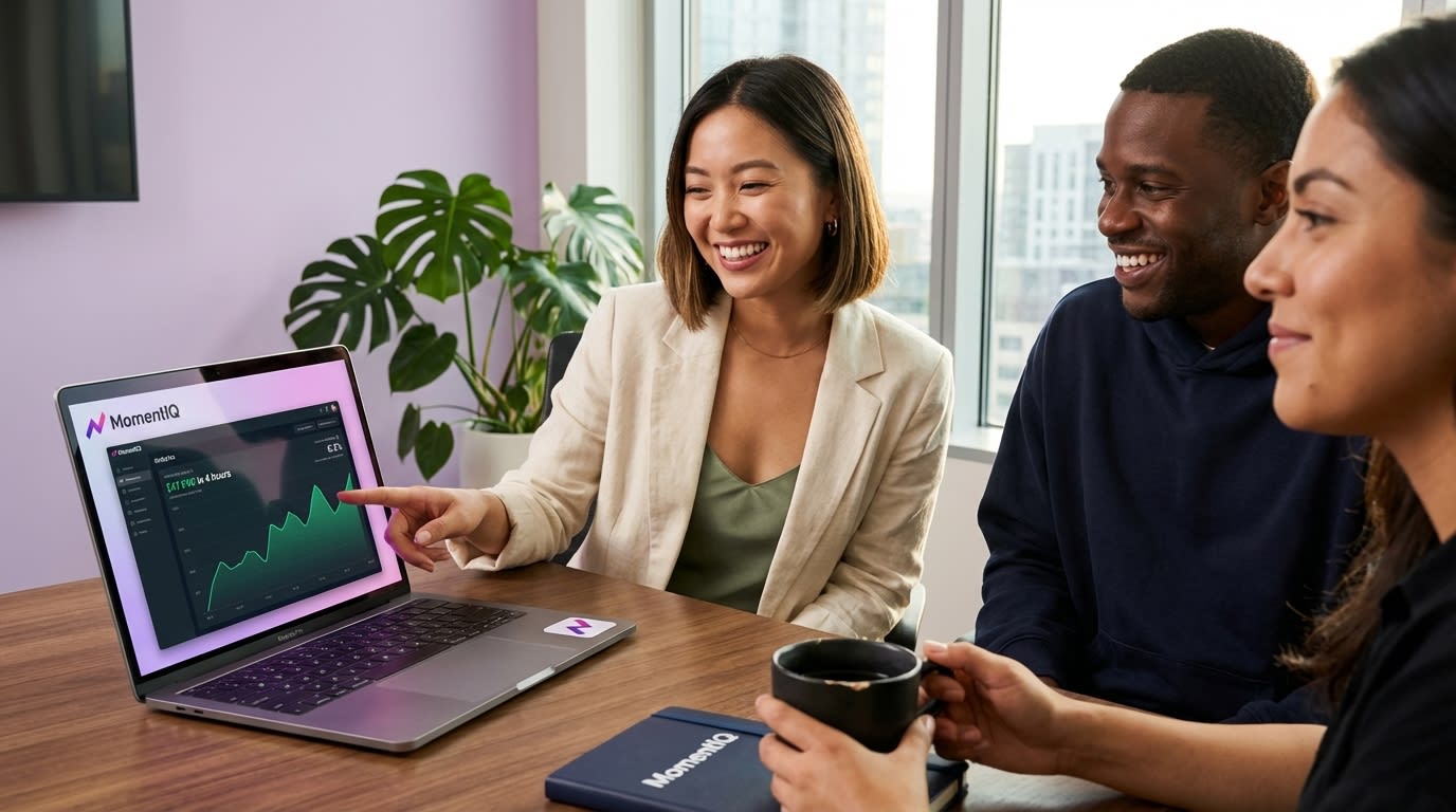 Fashion brand professionals excitedly reviewing TikTok Shop case studies and insights on a laptop.