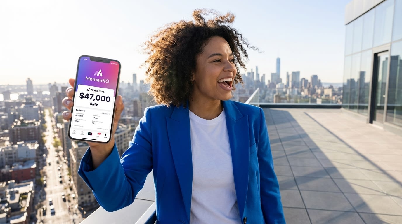 Entrepreneur confidently viewing TikTok Shop sales success on her phone against a city skyline at dawn.