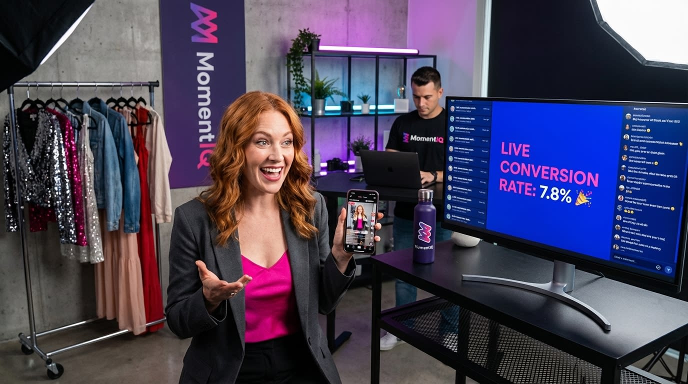 Fashion creator smiling during a TikTok Shop live stream showing a 7.8% conversion rate on a monitor.