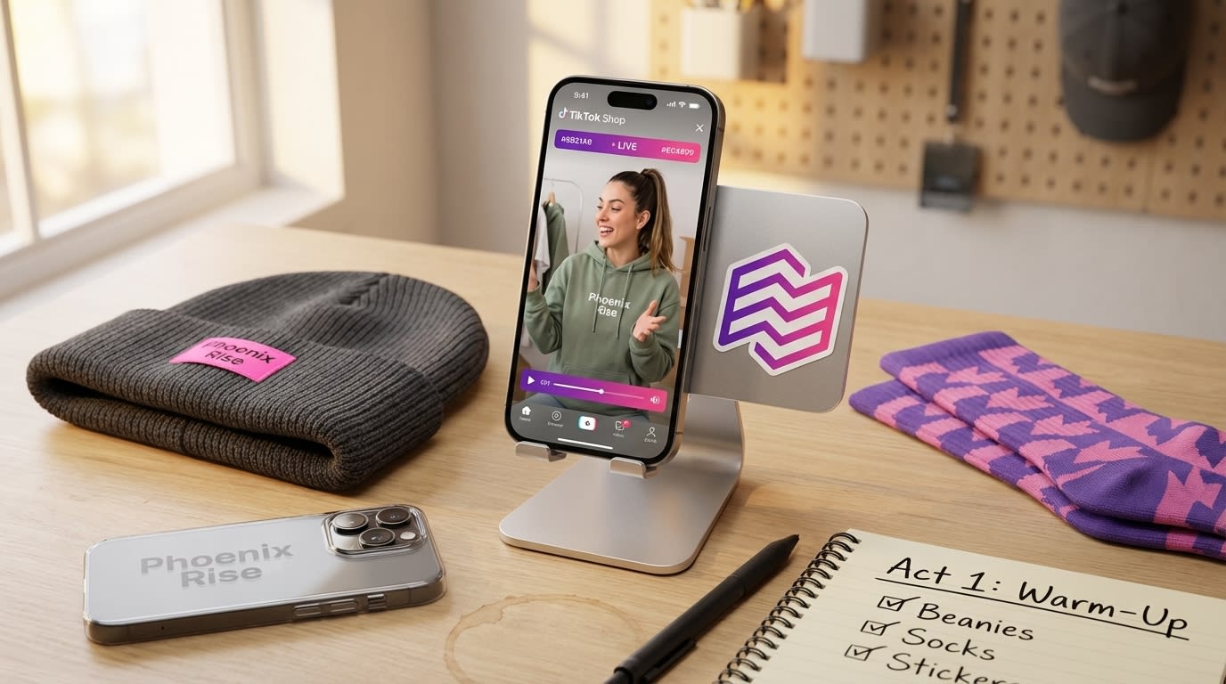Flat lay of TikTok Shop 'warm-up' accessories like a beanie, socks, and phone case, with a phone showing a live stream.
