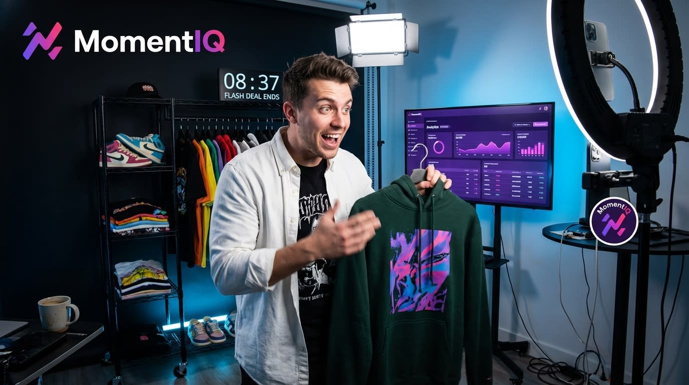 Streetwear brand host energetically revealing limited-edition hoodie during high-energy TikTok Shop live stream with sold-out countdown