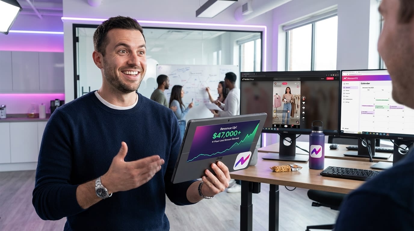 Tablet displaying a TikTok Shop sales dashboard with consistent upward revenue trends and green 'Revenue Up' notifications.