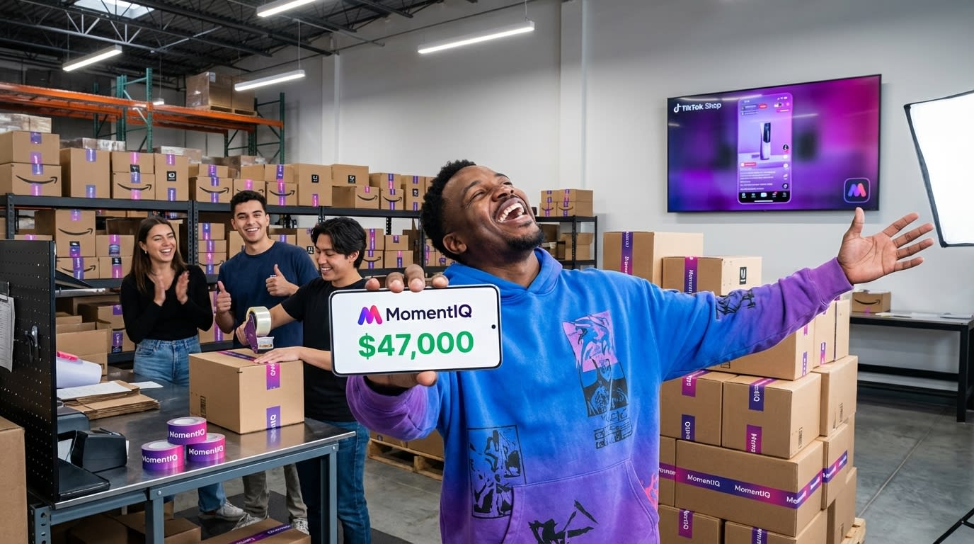 Triumphant streetwear brand founder celebrating $47,000 TikTok Shop live revenue amidst organized shipping boxes.
