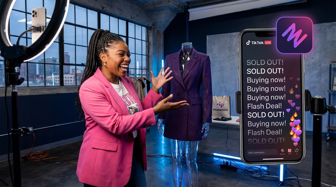 Dynamic live shopping host enthusiastically presenting a product on TikTok Shop, with chat flooding with heart emojis and 'SOLD!' notifications.
