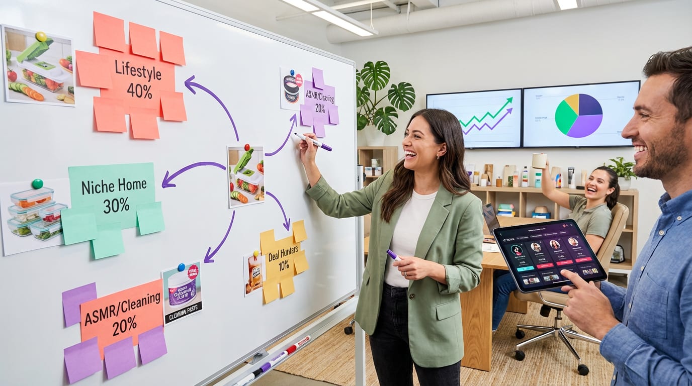 Brand team collaborating on a TikTok Shop influencer strategy whiteboard with creator mix percentages and growth analytics