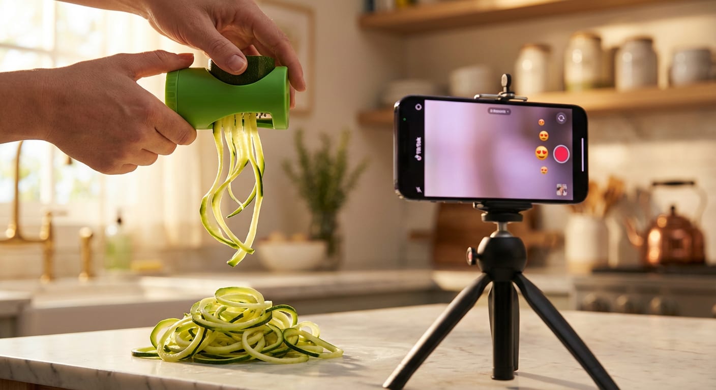 Dynamic close-up of a satisfying kitchen gadget demo being recorded for TikTok Shop content creation