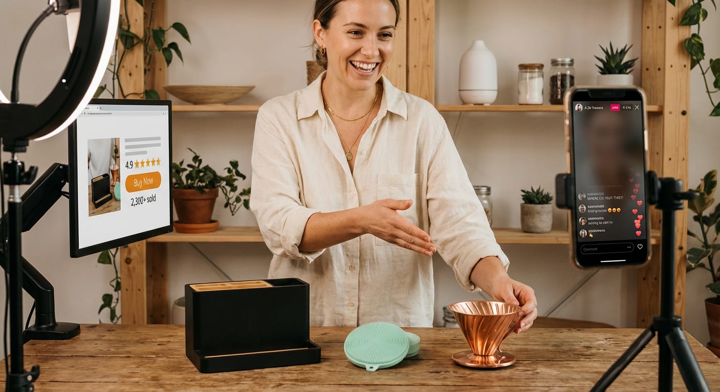 TikTok Shop creator confidently presenting home products during a live stream with heart emoji reactions flooding in