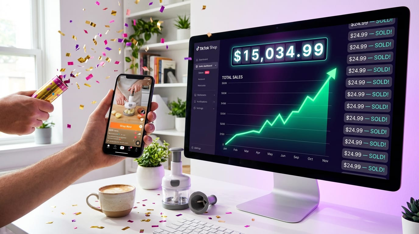 TikTok Shop sales dashboard showing surging revenue and sold notifications from a viral home product video