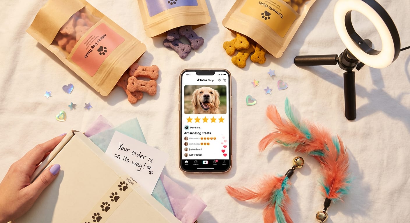 Flat lay of pet products, TikTok Shop listing on phone, branded packaging, and creator tools showcasing pet brand ecommerce opportunity