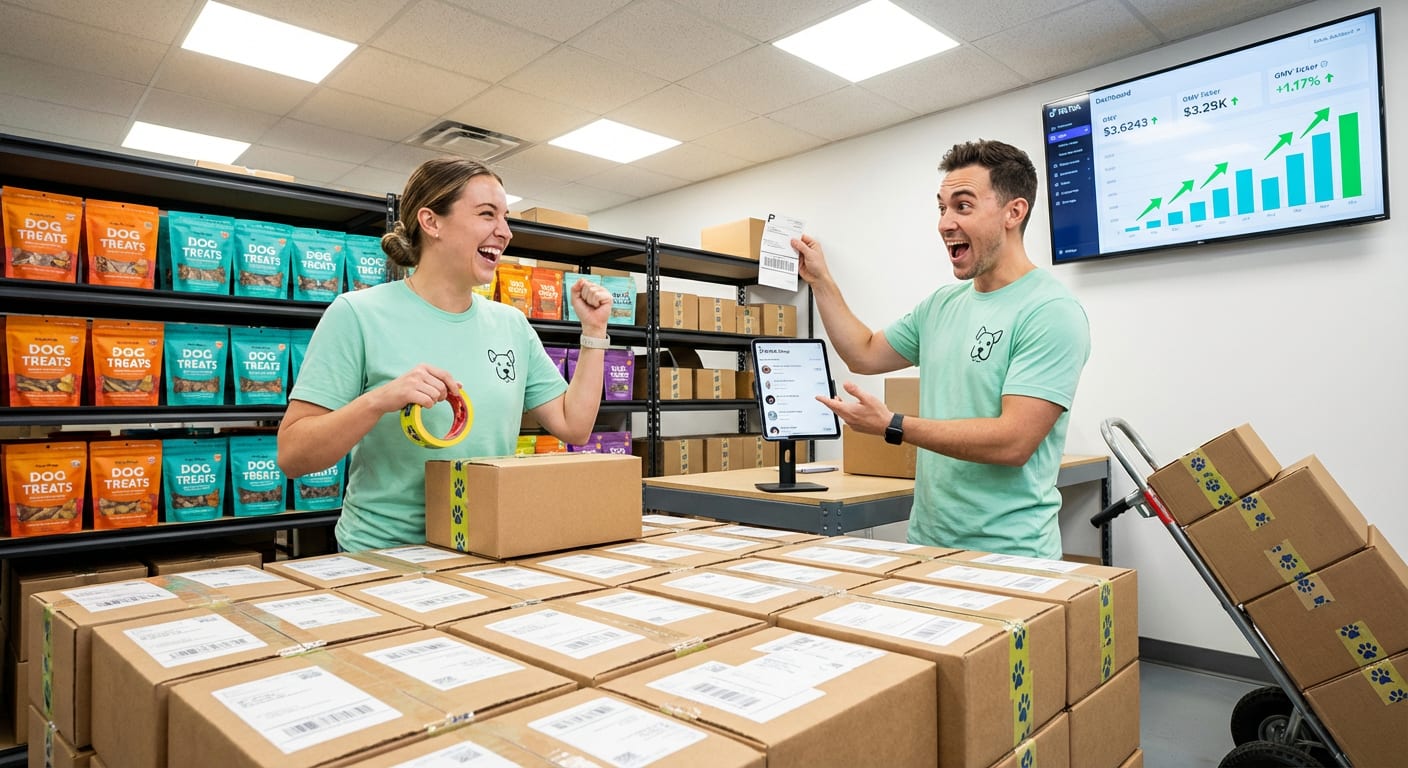 Pet brand warehouse team packing TikTok Shop orders with branded packaging and real-time order dashboard showing high sales volume