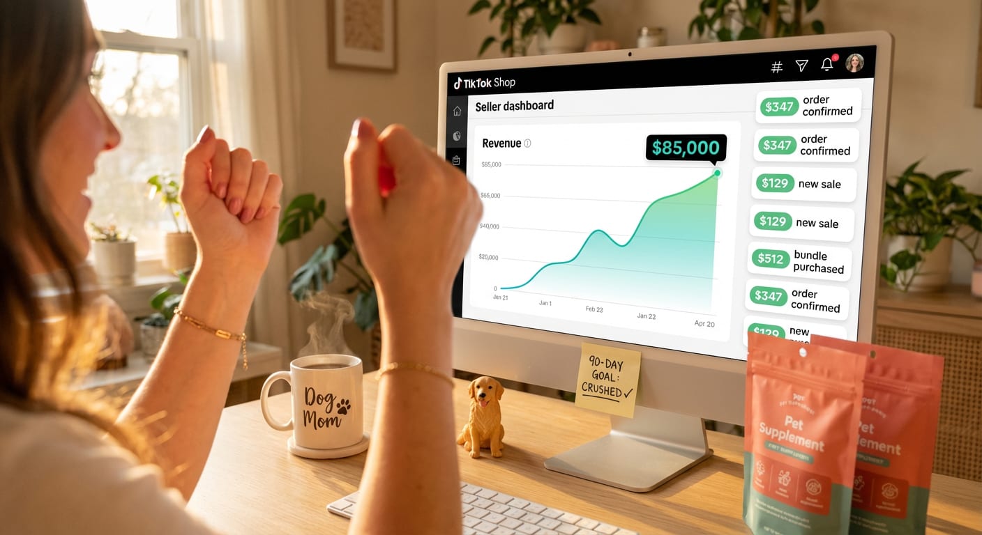 TikTok Shop seller dashboard showing pet brand revenue growth from zero to 85K per month with entrepreneur celebrating milestone