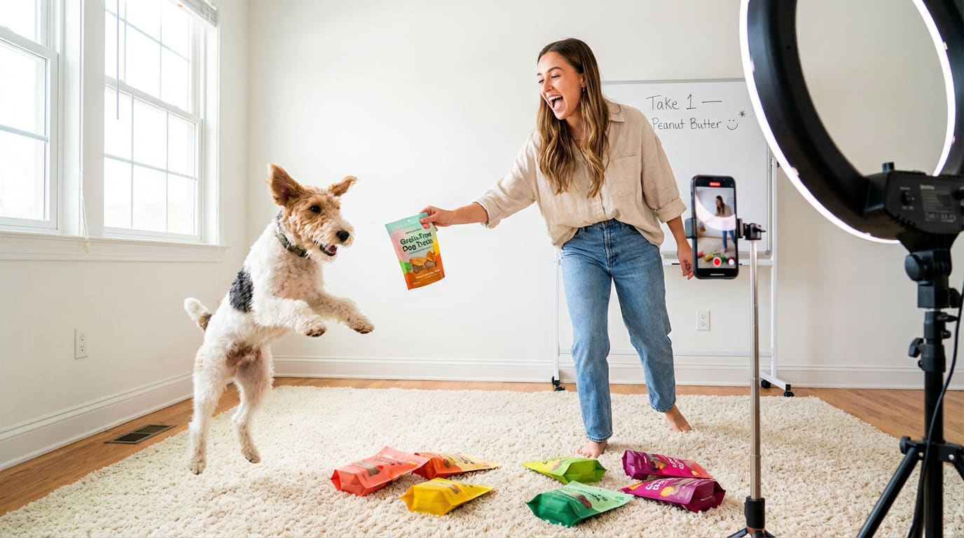 Pet creator filming excited dog treat reaction video for TikTok Shop with ring light and tripod setup in bright studio