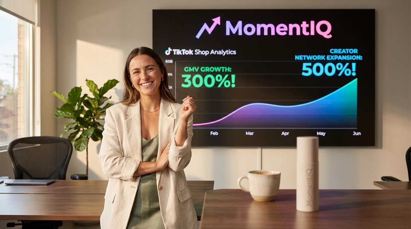 Brand founder proudly viewing TikTok Shop analytics dashboard showing explosive scaling success and GMV growth.