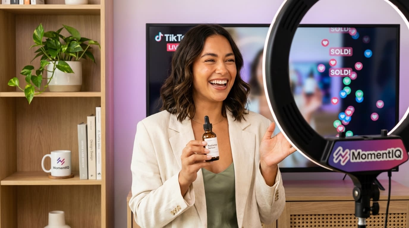 Charismatic live shopping host driving sales on TikTok Shop with heart emojis and 'SOLD!' overlays.