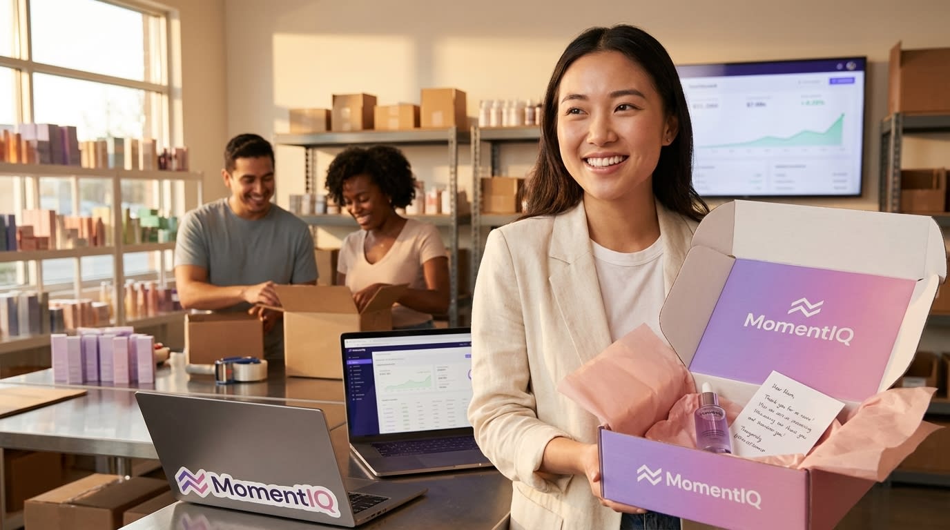 Entrepreneur proudly packing TikTok Shop beauty orders in organized fulfillment space with rising sales dashboard