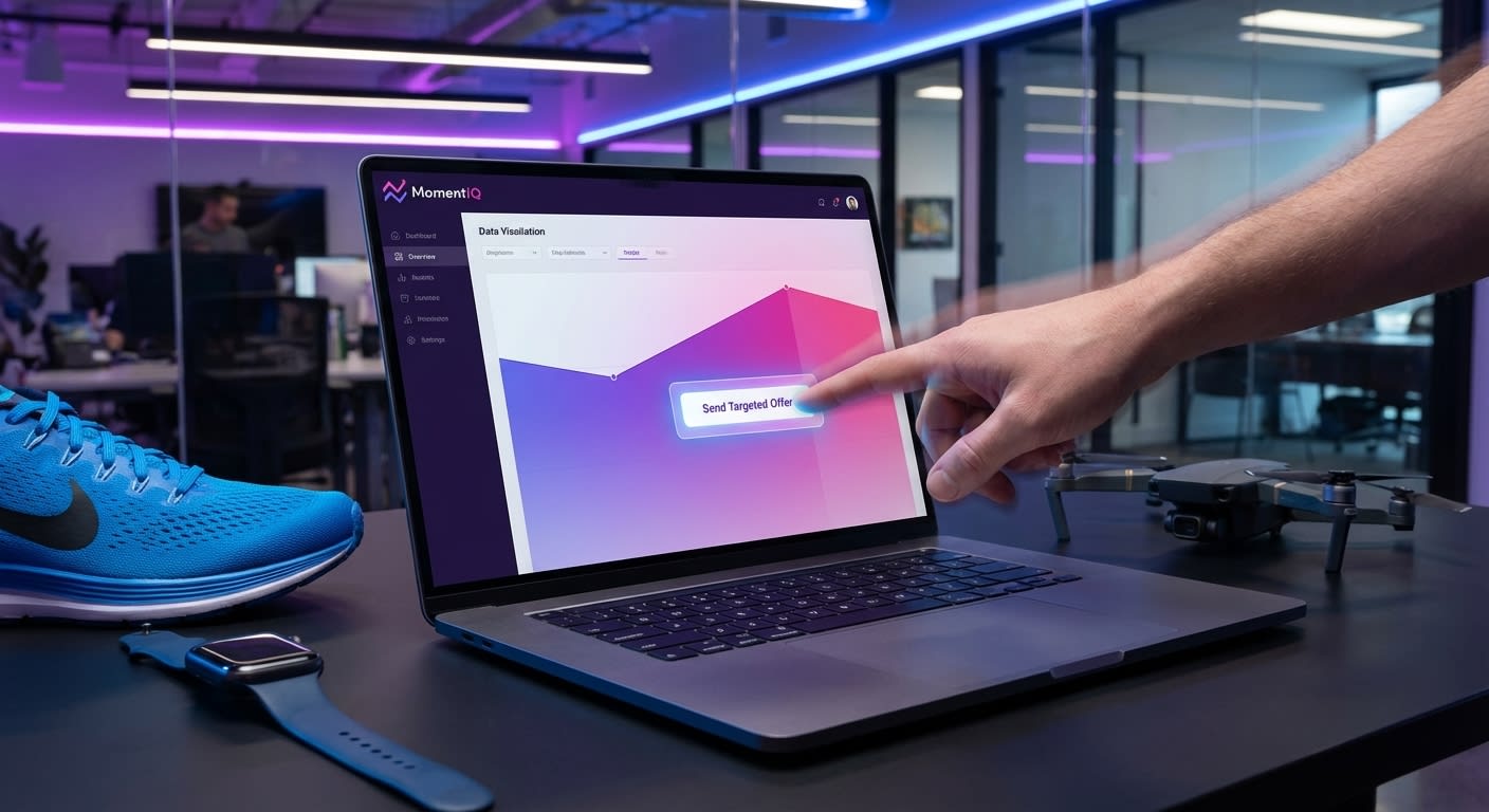 Hand sending a targeted offer on MomentIQ platform for TikTok Shop creator collaboration.